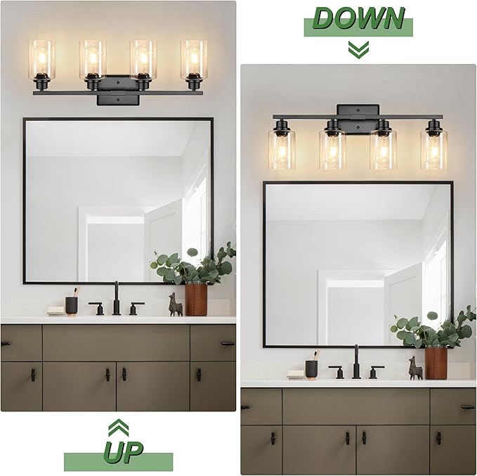Ascher Bathroom Light Fixtures, 4-Light Vanity Lights with Clear Glass Shade, Modern Black Finish Wall Light for Mirror Bedroom Hallway Cabinet Porch