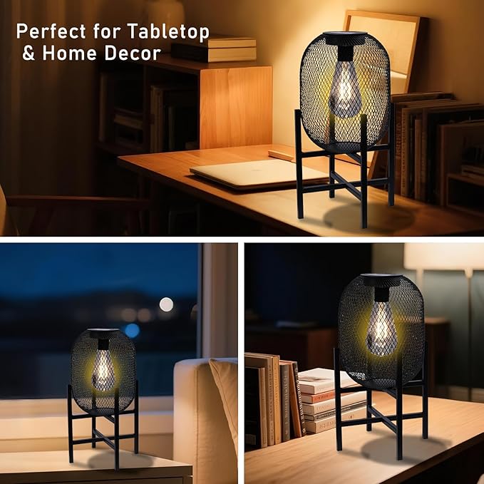 Solar Mesh Lantern Outdoor – 13.8" Tall Black Metal Patio Light with Edison Glass Bulb, Solar Powered Warm Glow LED, Waterproof IP65 for Garden, Porch, Deck, Tabletop Decor