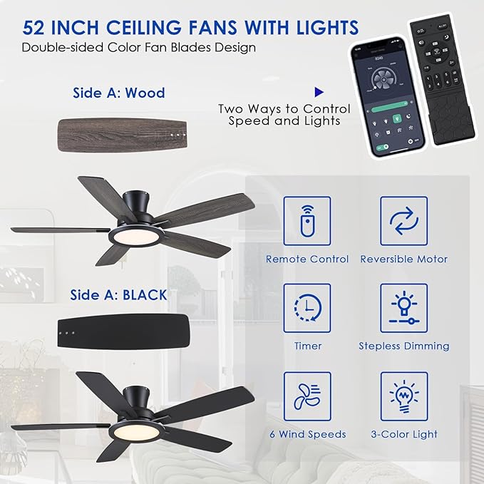 52" Flush Mount Ceiling Fan with Lights and Remote - Black Modern Ceiling Fan, Reversible and 5 Dual-Sided Blades, Low Profile Fan Light for Indoor Bedroom, Covered Patios