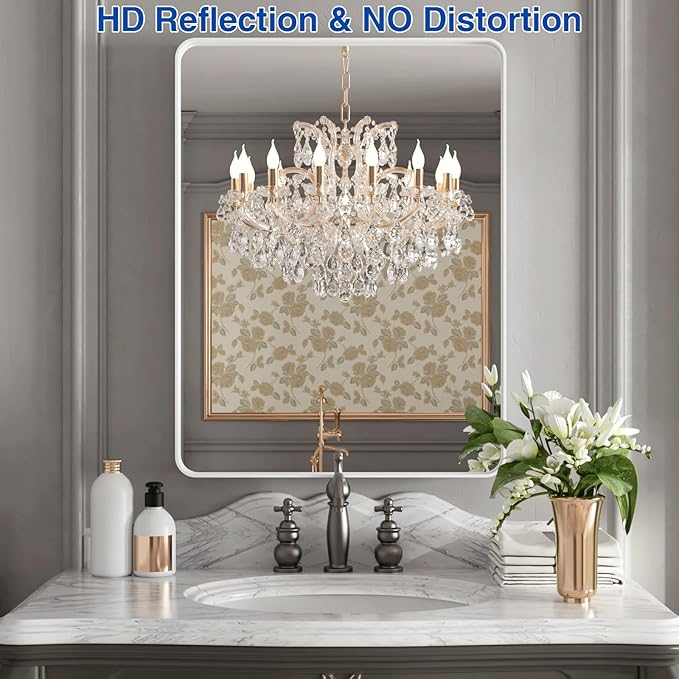 WEER White Bathroom Mirror 24X32 Inch, Rounded Rectangle White Metal Frame Mirror, Matte White Bathroom Vanity Mirror with Tempered Glass, Anti-Rust, Hangs Horizontally or Vertically