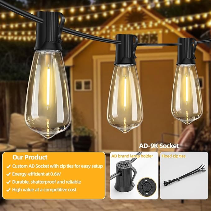 ST40 LED Outdoor String Lights 100FT with 50+2 Bulbs, E17 Socket, 0.6W, 2700K Warm White–Connectable for Garden, Backyard, Bistro, Patio, Porch, Deck, Gazebo, Party Decor