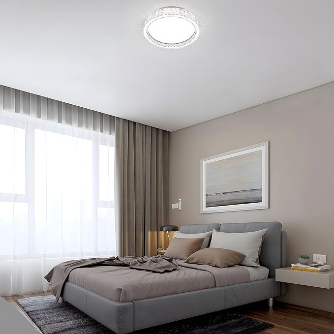 Krychiler 13.8" Bright Crystal Flush Mount Ceiling Lights, Dimmable LED Modern Close to Ceiling Lighting Fixture, Chrome Hallway Round Chandelier for Bedroom Kitchen Bathroom Closet Foyer Dining Room