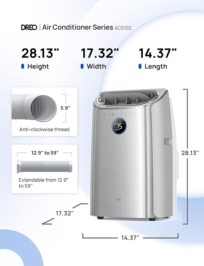 DREO Portable Air Conditioners, 12,000 BTU AC Unit for Bedroom with Drainage-free Cooling, 46dB Quiet, APP/Voice/Remote, 24h Timer with Fan & Dehumidifier, Smart Standing AC for Room Indoors, AC515S