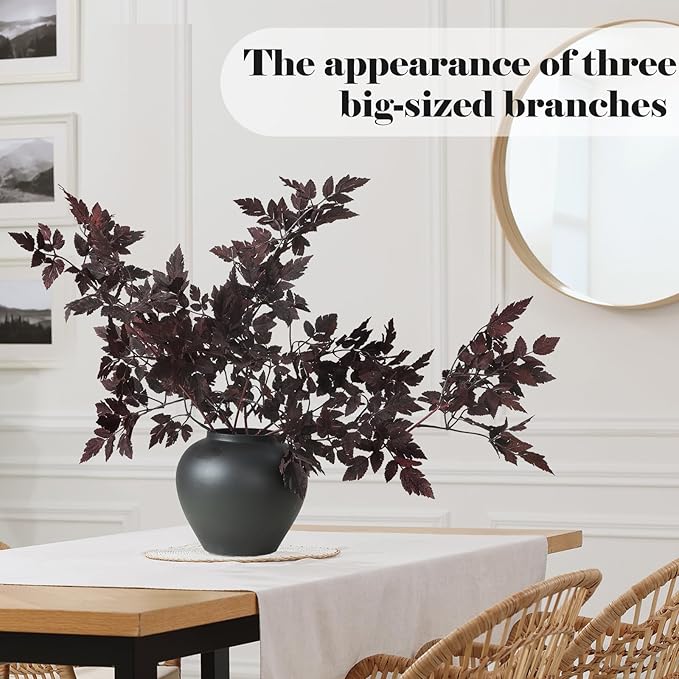 Lyrow 3 Pack Artificial Cimicifuga Plant Leaf Spray Faux Plum Cimicifuga Ramosa Leaf Branch Faux Fall Spray Silk Plants for Home Vase Wedding Garden Farmhouse Table Mantel Decor (32 Inches)