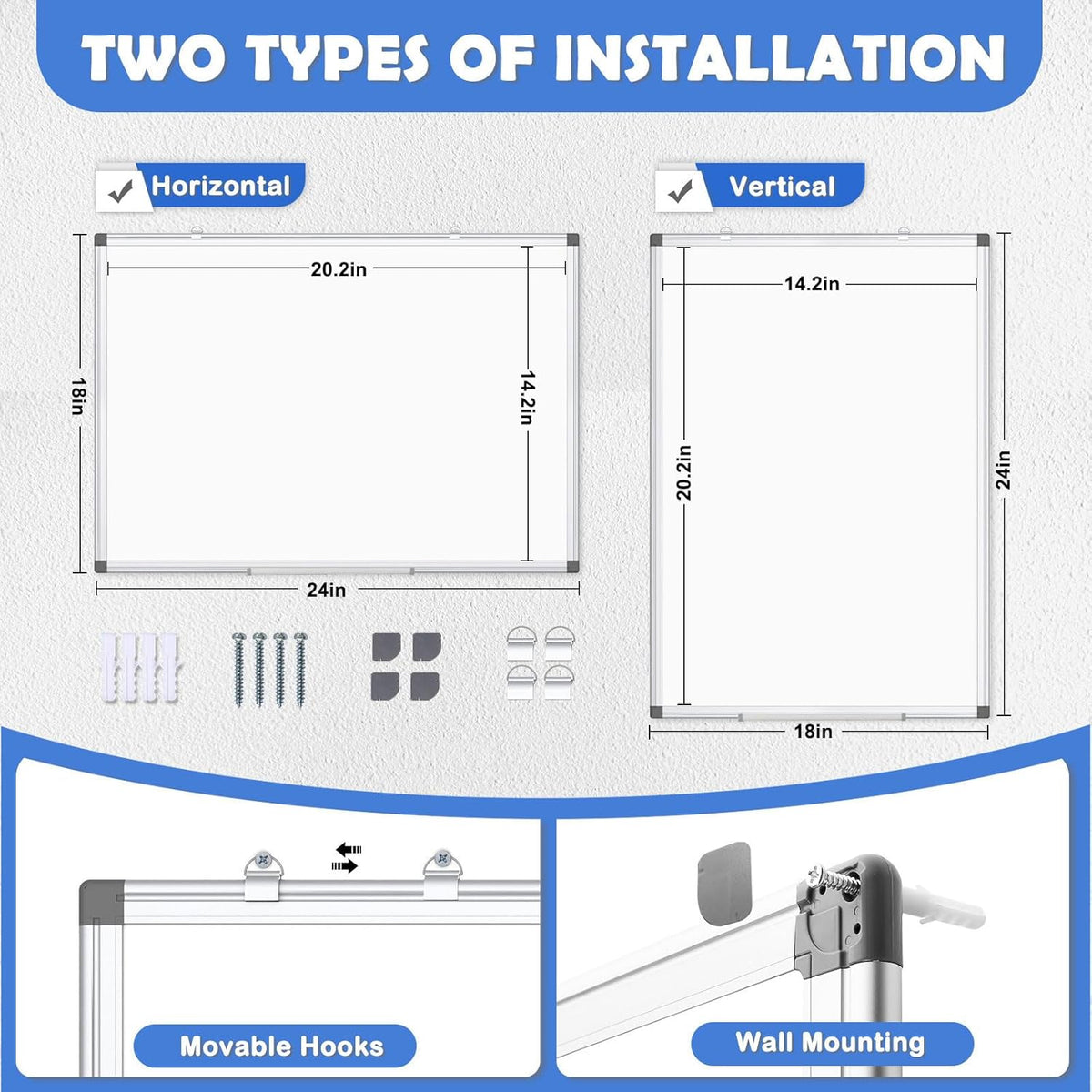 WALGLASS Double-Sided White Board, 24" x 18" Dry Erase Board Magnetic Whiteboard for Wall, Hanging Mounted Whiteboard Silver Aluminium Frame for Home, School, Office, Kitchen