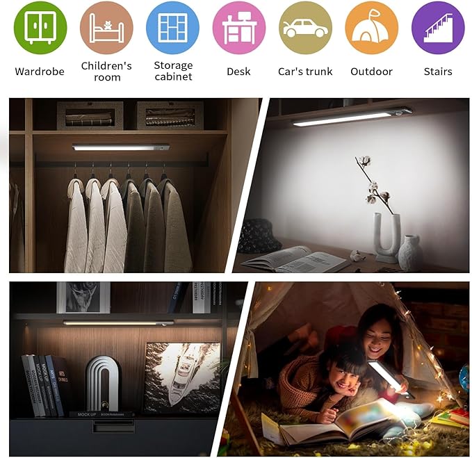 Motion Sensor Under Cabinet Lighting-Magnetic Rechargeable Closet Lights for Kitchen,Stairs,Wardrobe | 3-Color Dimmable LED Under Counter Lighting | Cord-Free Light Bars (12inch-2Pack)
