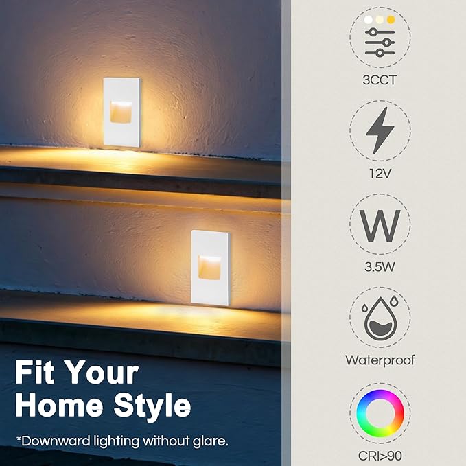 FTL 12-Pack Outdoor Step Lights LED Stair Lights Indoor, 12V 3000K/4000K/5000K Color Changing Deck Stair Light, 3.5W 150LM Low Voltage Lights for Step Aluminum, Waterproof White Vertical