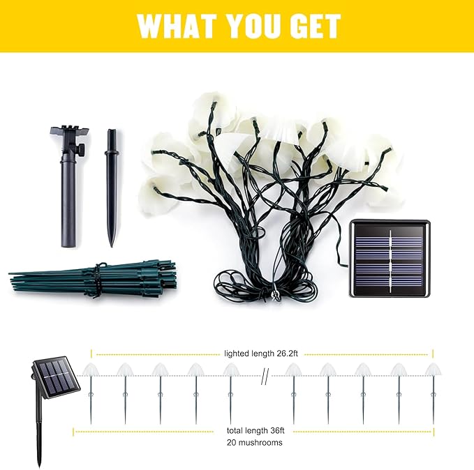 JMEXSUSS Solar Mushroom Lights for Outside, 20 LED 36FT Solar String Lights Outdoor Waterproof, 8 Modes Solar Pathway Lights for Garden Patio Yard Decorations, Mushroom