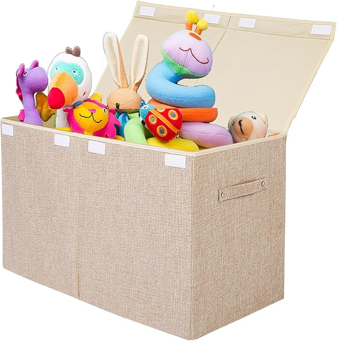 popoly Large Toy Box Chest Storage with Flip-Top Lid, Collapsible Kids Storage Boxes Container Bins for Toys, Playroom Organizers, 25"x13" x16"(Linen Beige)