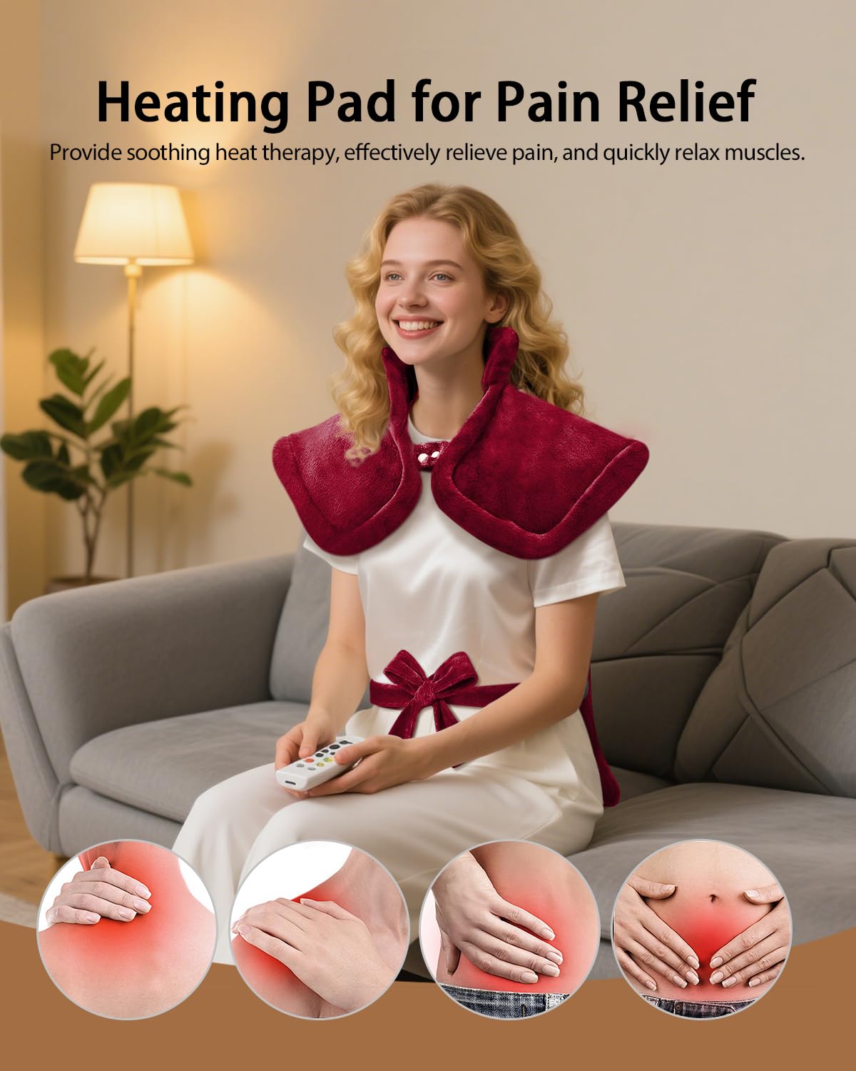 Heating Pad for Back Pain Relief, LANVA Birthday Gifts for Women Mom Grandma, Edge Weighted Electric Heat Pad for Neck and Shoulders, 6 Heat Settings, 4 Timer Options, Machine Washable, 24"x33", Red
