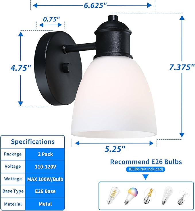 Bathroom Vanity Light Set of 2, Black Wall Lights for Living Room, Farmhouse Wall Sconces Lighting Fixtures with Frosted Glass,Wall Mounted Lamp for Bedroom Mirror Hallway Kitchen