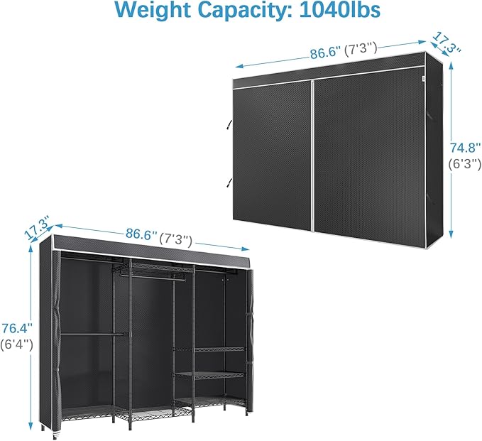VIPEK V5C Plus Covered Clothes Rack Portable Wardrobe Closet, Heavy Duty Clothes Rack with Adjustable Shelves, Black Metal Clothing Rack with Black Upgarded Polyester Cover, Max Load 1040LBS