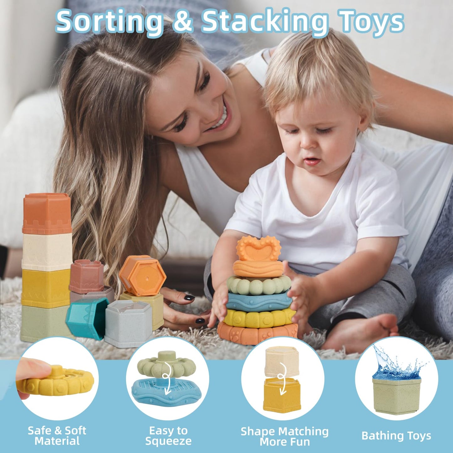 BYFWH Shape Sorters Baby Toys 5 in 1 Montessori Toy for 6-48 Months Stacking Cups,Rings Toy Links,Soft Stacking Rings,Blocks Set,Soft Animals Toys Shape Sorters for Toddlers 1-3