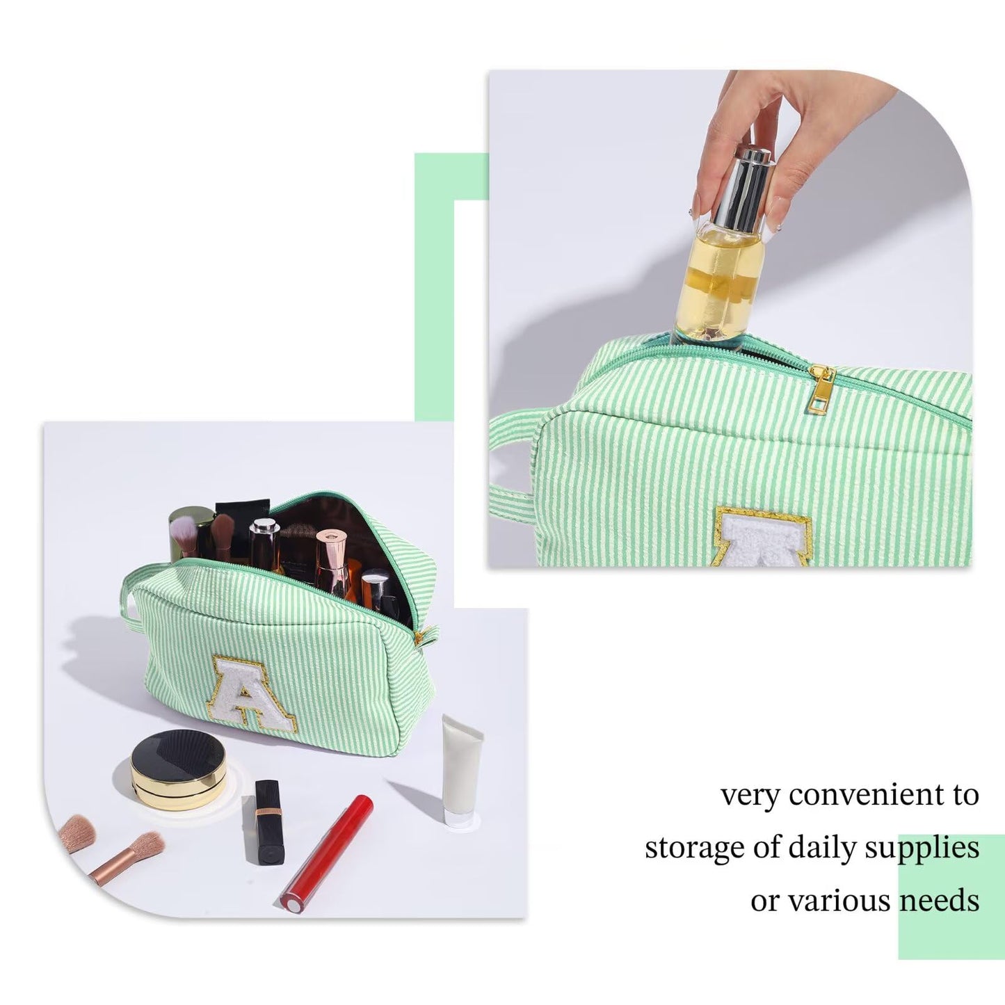 YOOLIFE Initial Makeup Bag - Personalized Monogram Cute Green Makeup Bag Cosmetic Travel Toiletry Pouch Make Up Case for Women Mom Best Friend Bridesmaid Sister Teacher, Birthday Gifts for Women Her H