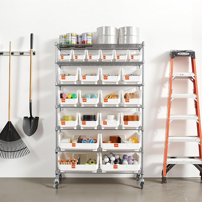 VEVOR 7-Tier Rolling Bin Storage Rack, 22 Organizer Bins, Bin Rack Storage Steel Wire Shelving System with Wheels, Mobile Tool Organizer for Garage, Warehouse, Office, Restaurant, Classroom, Kitchen