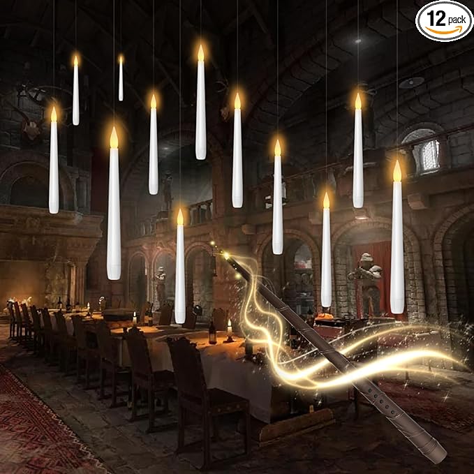 Flameless Floating Candles with Wand，12 Pcs Magic LED Hanging Taper Candles，Flickering Battery Operated Taper Candle with Wand Remote for Halloween Decorations Best Gift（White）