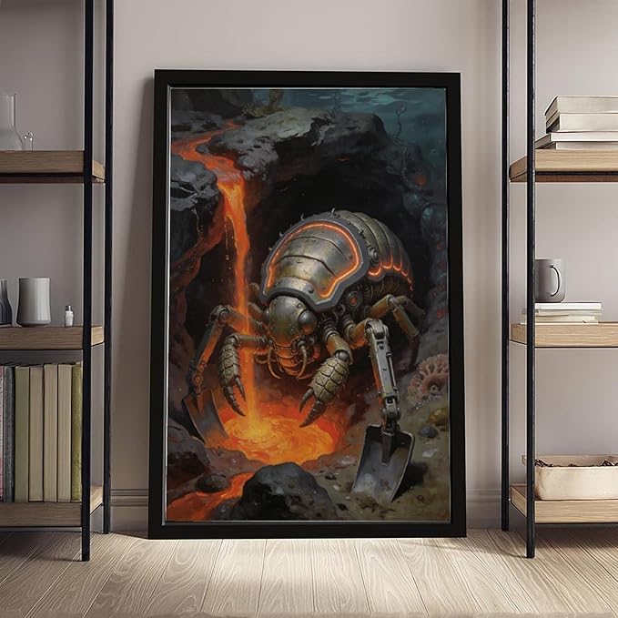 Framed Steampunk Mechanical Trilobite Wall Art - Volcanic Underwater Retro Poster for Garage Apartment Decor 24x36in