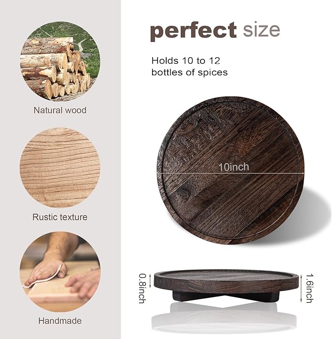 Round Decorative Tray Wood Bathroom Counter Organizer Farmhouse Kitchen Decor Wooden Riser for Soap Dish, Perfume, Candle, Sponge, 10" - Dark Brown