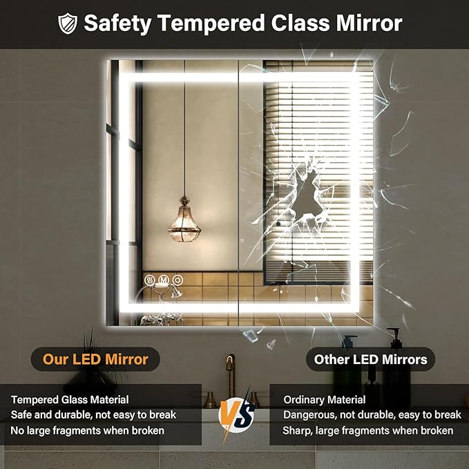 40"x 40" LED Bathroom Mirror, Backlit + Front Lit, LED Bathroom Mirror with Lights for Wall, 3 Colors, Anti-Fog, Dimmable Brightness, Tempered Glass