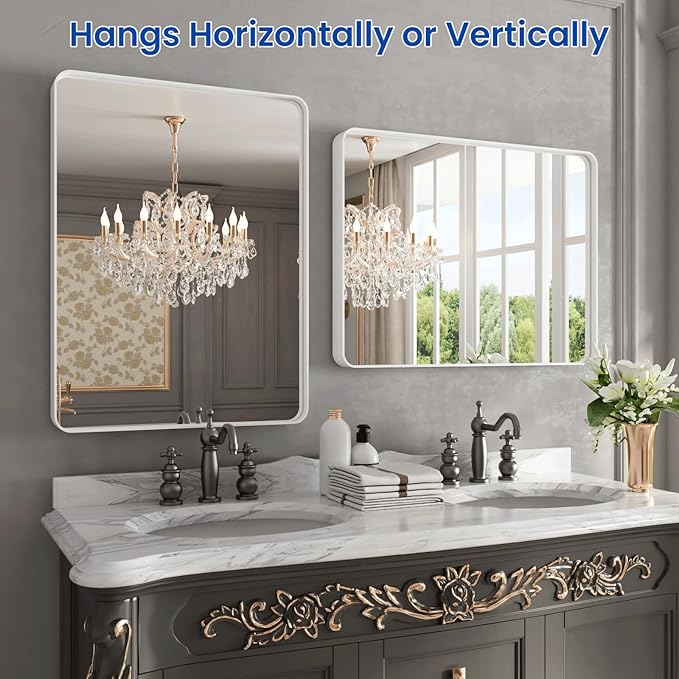 WEER White Bathroom Mirror 24X32 Inch, Rounded Rectangle White Metal Frame Mirror, Matte White Bathroom Vanity Mirror with Tempered Glass, Anti-Rust, Hangs Horizontally or Vertically