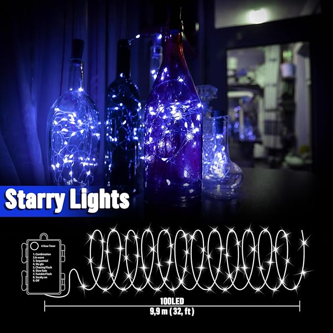 LAMPHOME 100 LED Blue Fairy Lights Battery Operated, Mini Battery Powered Copper Wire Starry String Lights,Light Length 32.5Ft, Multi Functions & Timer, with Remote Indoor/Outdoor use