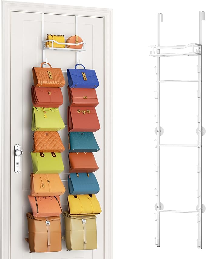 SWTYMIKI Over The Door Purse Organizer - Wall Mounted Purse Rack with 16 Hooks and Metal Basket, Hanging Handbag Storage Organizer Holds up to 16 Bags, Bag Rack Can Use As 1/2 Part, for Door, Closet