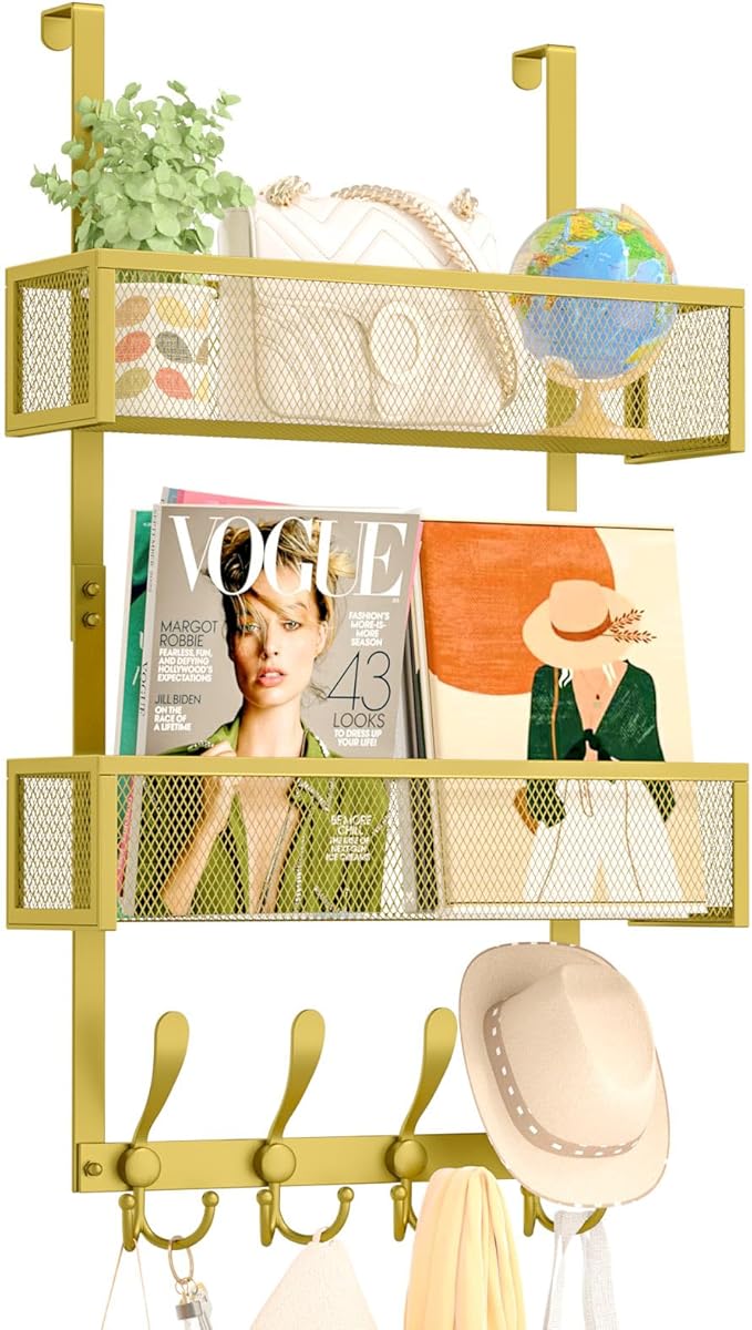 Over The Door Hooks Organizer,Coat Rack with 12 Hooks and 2 Mesh Baskets,Back of Door Storage Organizer for Bathroom,Bedroom,Kitchen,Office (Gold)