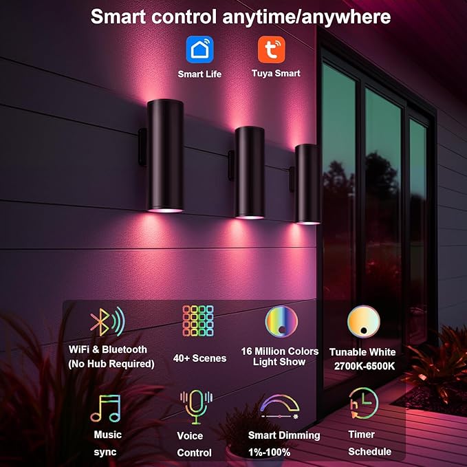 Modern Up and Down Lights Outdoor Wall Sconce, APP Control Color Changing RGB+CCT Outdoor Wall Light for House and Garage, Exterior Light Fixture Cylinder Wall Mount with Smart Bulb (2 Pack)