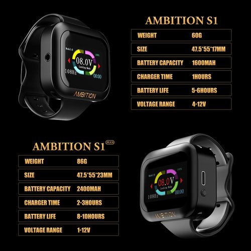 Tattoo Power Supply - Ambition S1 Plus Touch Screen Tattoo Battery Wristband Supply Portable RCA Tattoo 2400mAh Lithium Battery Pack with LCD Touch Display for Rotary Tattoo Machine