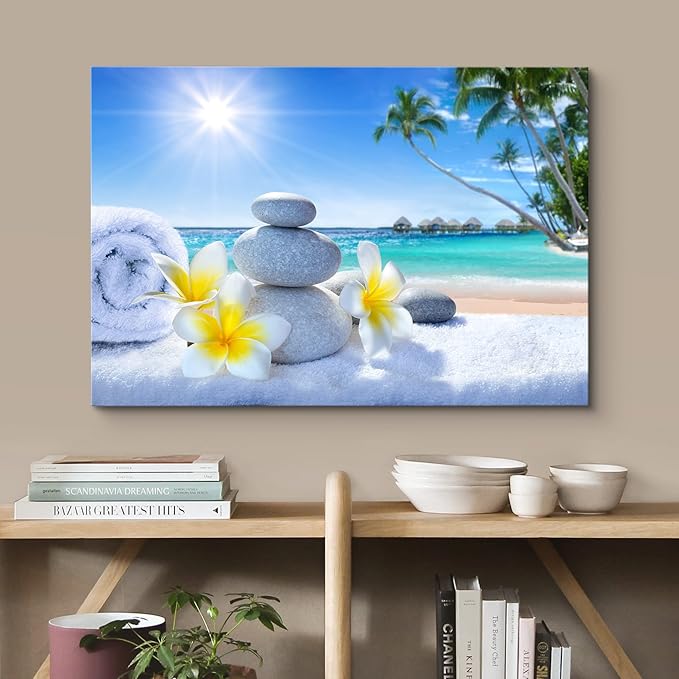 wall26 Canvas Print Wall Art White Massage Stones on Vibrant Beach Nature Floral Photography Realism Tropical Landscape Colorful Multicolor for Living Room, Bedroom, Office - 12"x18"