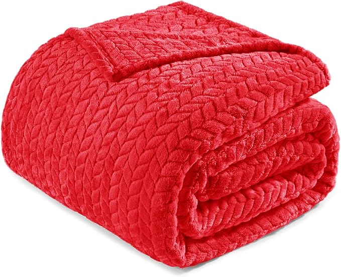 Exclusivo Mezcla Fleece Queen Size Blanket for Bed, 90x90 Inches Soft Cozy Jacquard Flannel Blankets, Lightweight Fuzzy Plush Warm for Winter, Red