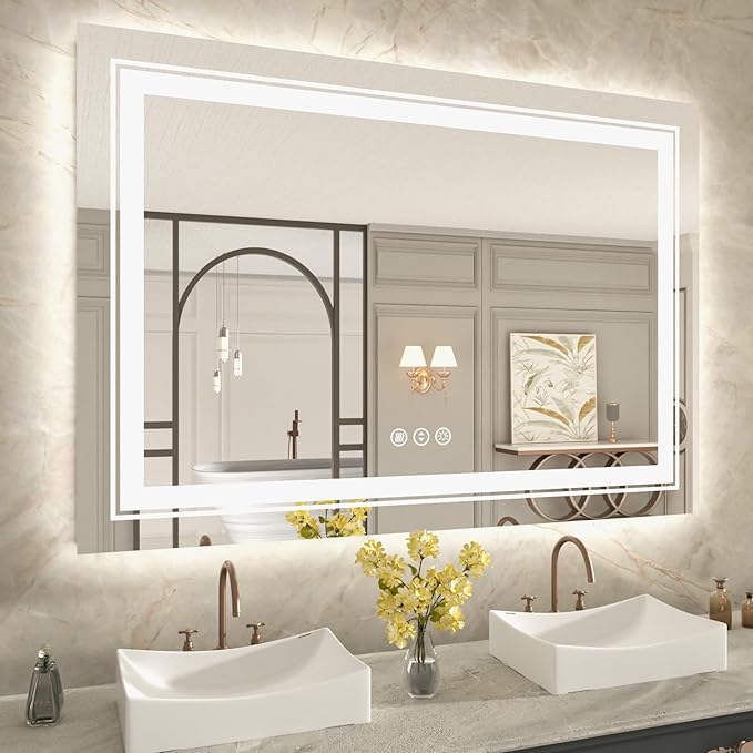 WTTY 40"x28" LED Bathroom Mirror with Lights, Backlit and Front Lighted Bathroom Vanity Mirrors for Wall, Anti-Fog, Dimmable Wall Mirrors for Bathroom, Memory, Tempered Glass, Double LED Vanity Mirror