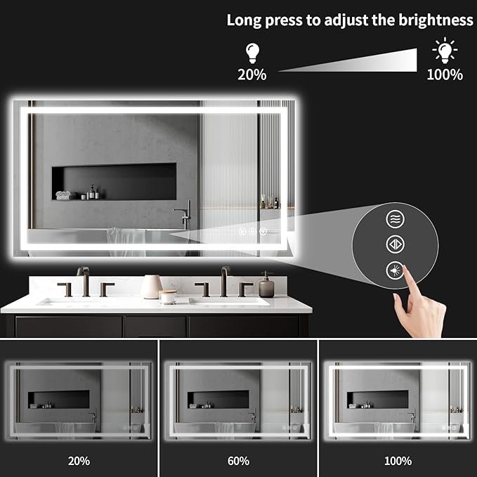 50"x30" LED Bathroom Mirror with Lights, Dimmable，Anti-Fog，Bathroom Vanity Mirror for Wall, Backlit + Front Lit, Memory Function, Shatter-Proof，Tempered Glass