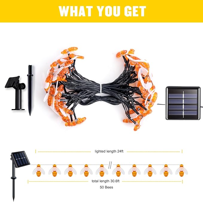 JMEXSUSS Solar Bee Lights Outdoor Waterproof, 30.6FT 50 LED Solar Fairy Lights, 8 Modes Twinkle Light for Outside Garden Patio Yard Decorations