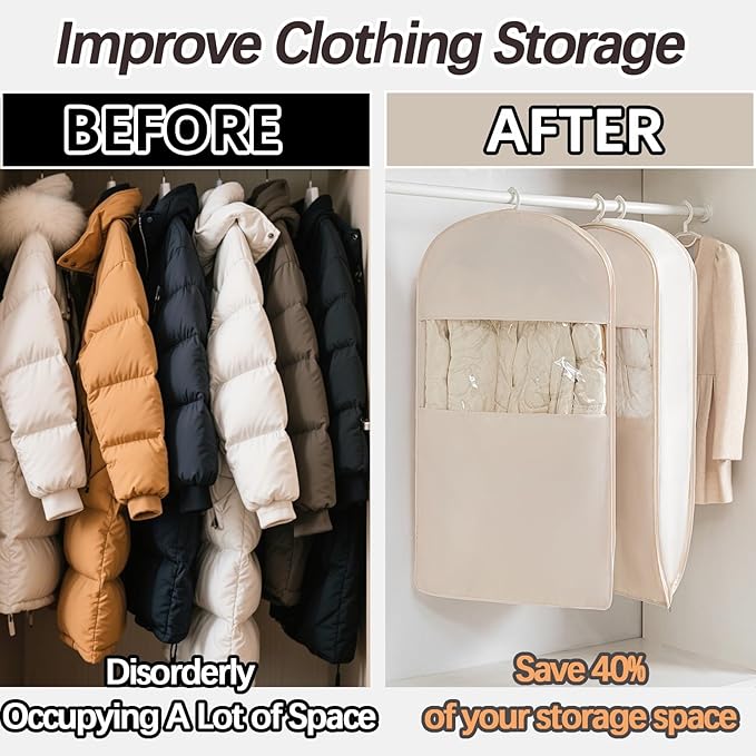 Space Saving Hanging Garment Bag with Self Compression Zipper，Dust Cover Clothes Bags for Down Coat,Dress,Suit，Closet Storage Organizer for Home Travel Use(Pink, M+L+XL)