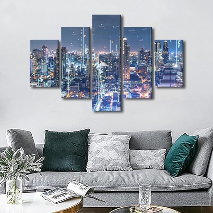 Advanced City Canvas Poster Modern Home Decoration Communication Workers Office Decor Student Bedroom Wall Art Decorate 5 Panel Sense of Technology Poster Frame and Stretched Ready to Hang 60x40 Inch