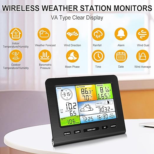 Urageuxy Weather Station Wireless Indoor Outdoor, Home Weather Stations with Rain Gauge, Wind Speed/Direction, Temperature, Humidity, Weather Forecast, Alarms, WiFi
