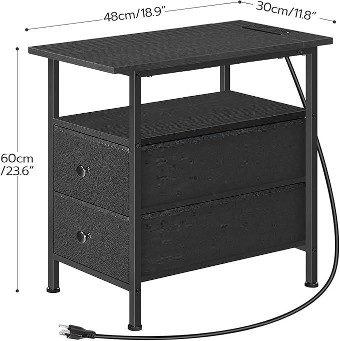 HOOBRO End Table with Charging Station, Narrow Side Table, Nightstand with 2 Non-Woven Drawers, Slim Sofa Side Table, for Small Spaces, Living Room, Bedroom, Black BB486UBZ01