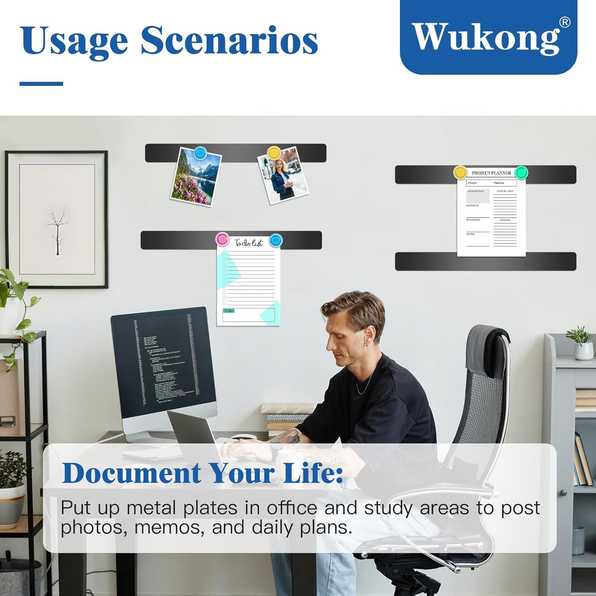 Wukong 4 Pack | 30x3cm(11.81 x 1.18) Magnetic Stainless Black Boards Strips, Adhesive Backing Bulletin Bar Board, Memo Board with 16Pcs Colorful Magnets for Office, Home, Photo Wall, Documents