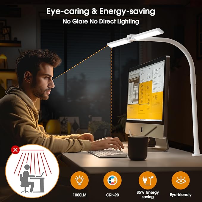LED Desk Lamp for Home Office - Dimmable Computer Desk Light with Clamp, Modern Architect Task Lamp with Color Changing, Flexible Desktop Lamp with Gooseneck for Monitor, Double Head, White