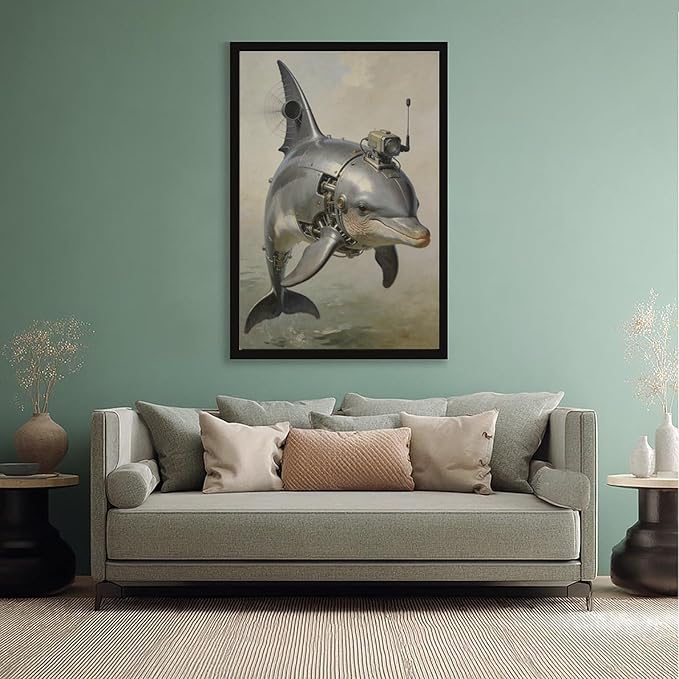 Framed Steampunk Mechanical Dolphin Wall Art - Marine Retro-Futuristic Poster for Beach House Living Room Decor 24x36in