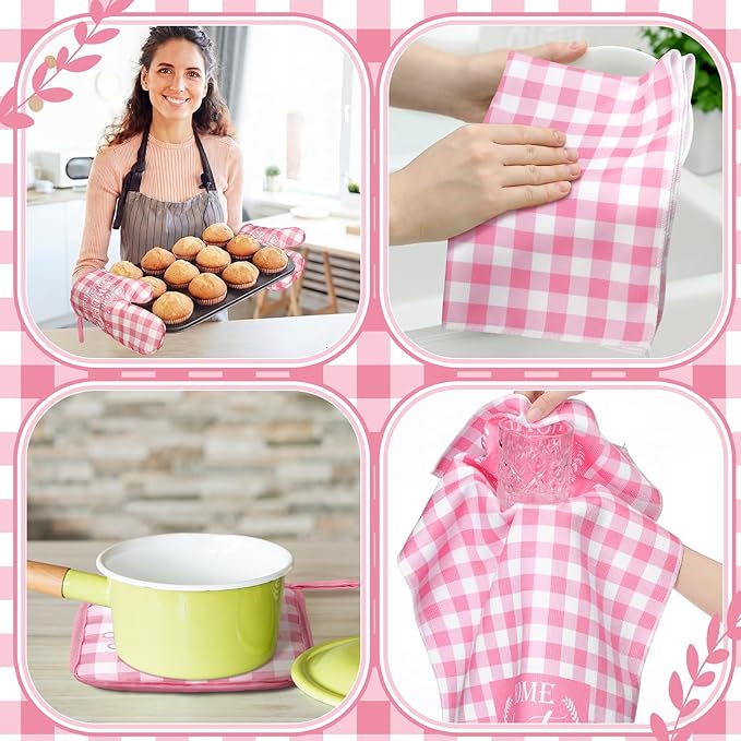 Fourluoo 10 Pcs Kitchen Set Kitchen Towels and Rugs Oven Mitts and Pot Holders Farmhouse Decor for Women Mom Gift Cooking Baking Grilling(Pink White)