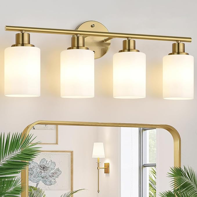 4-Light Bathroom Light Fixtures, Brushed Gold Modern Vanity Lights with Milky White Frosted Glass Shades, Bathroom Wall Lamp for Mirror Kitchen Living Room