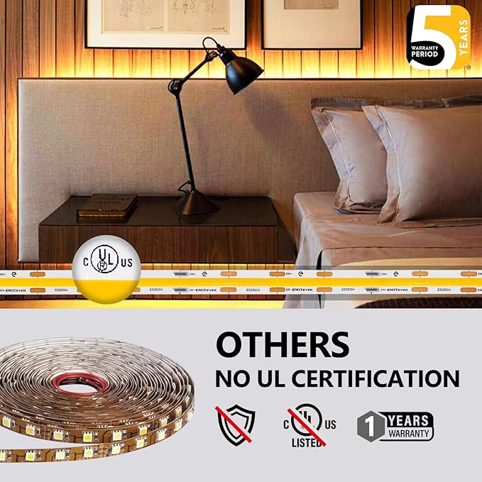 EMITEVER COB LED Strip Lights Warm White, 3000K Tape Light 25ft Premium High Density, DC 24V, 300+Lumens/ft, 3600LEDs/Spool, Ra 90+, 3W/ft, UL Listed 5 Year Warranty (Power Supply Sold Separately)