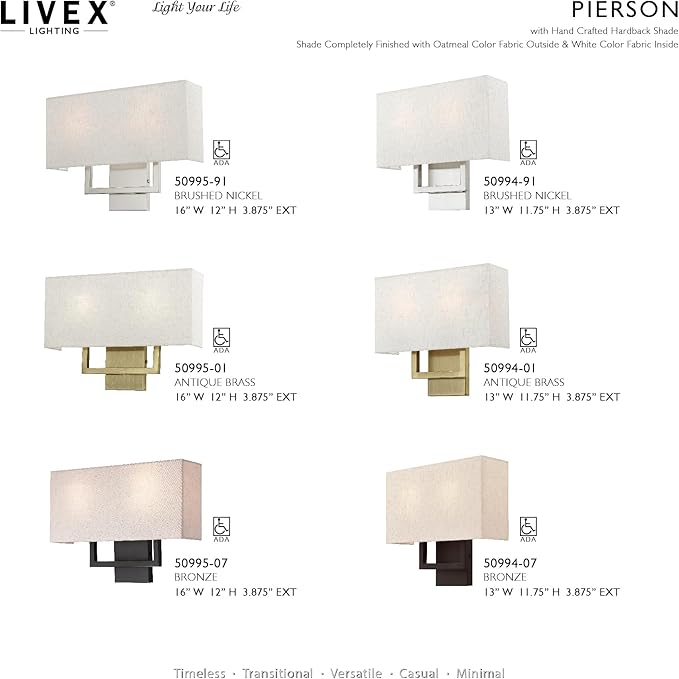 Livex Lighting 50994-07 Pierson Collection 2 Light Ada Wall Sconce, Oatmeal Fabric Outside, White Fabric Inside Hardback Shade, Bronze Finish
