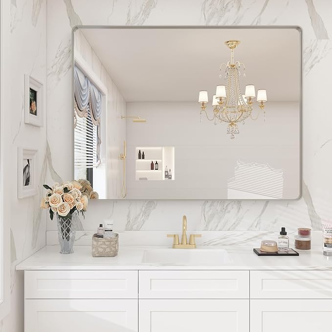 40x30 Silver Brushed Bathroom Mirror for Wall, Brushed Metal Framed Bathroom Vanity Mirror, Modern Rectangle Mirror, Rounded Corners, Shatterproof (Horizontal/Vertical)