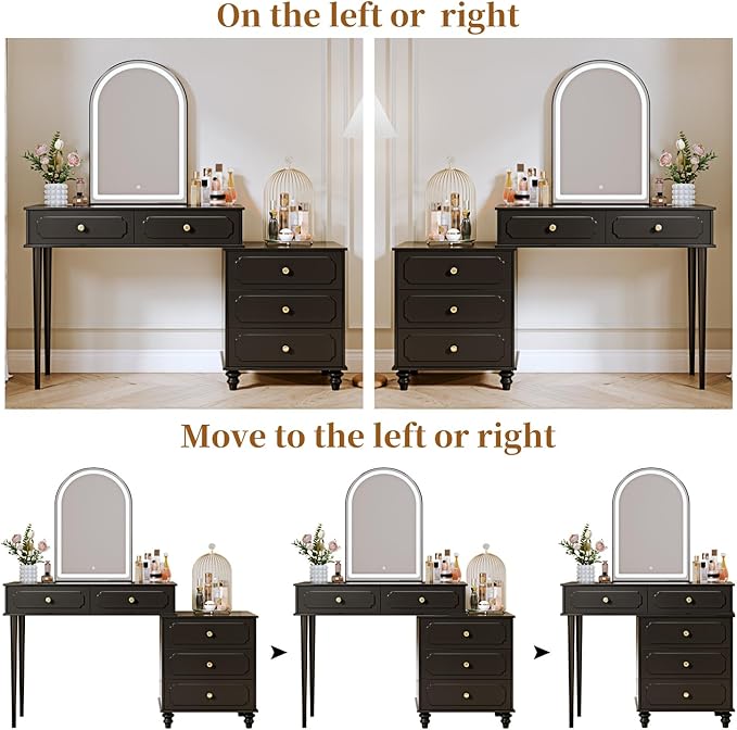 Black,Vanity Desk with Mirror and Lights,Makeup Vanity with Power Outlet and Adjustable Cabinet,Modern Makeup Table with 3 Drawers for Bedroom Makeup Room