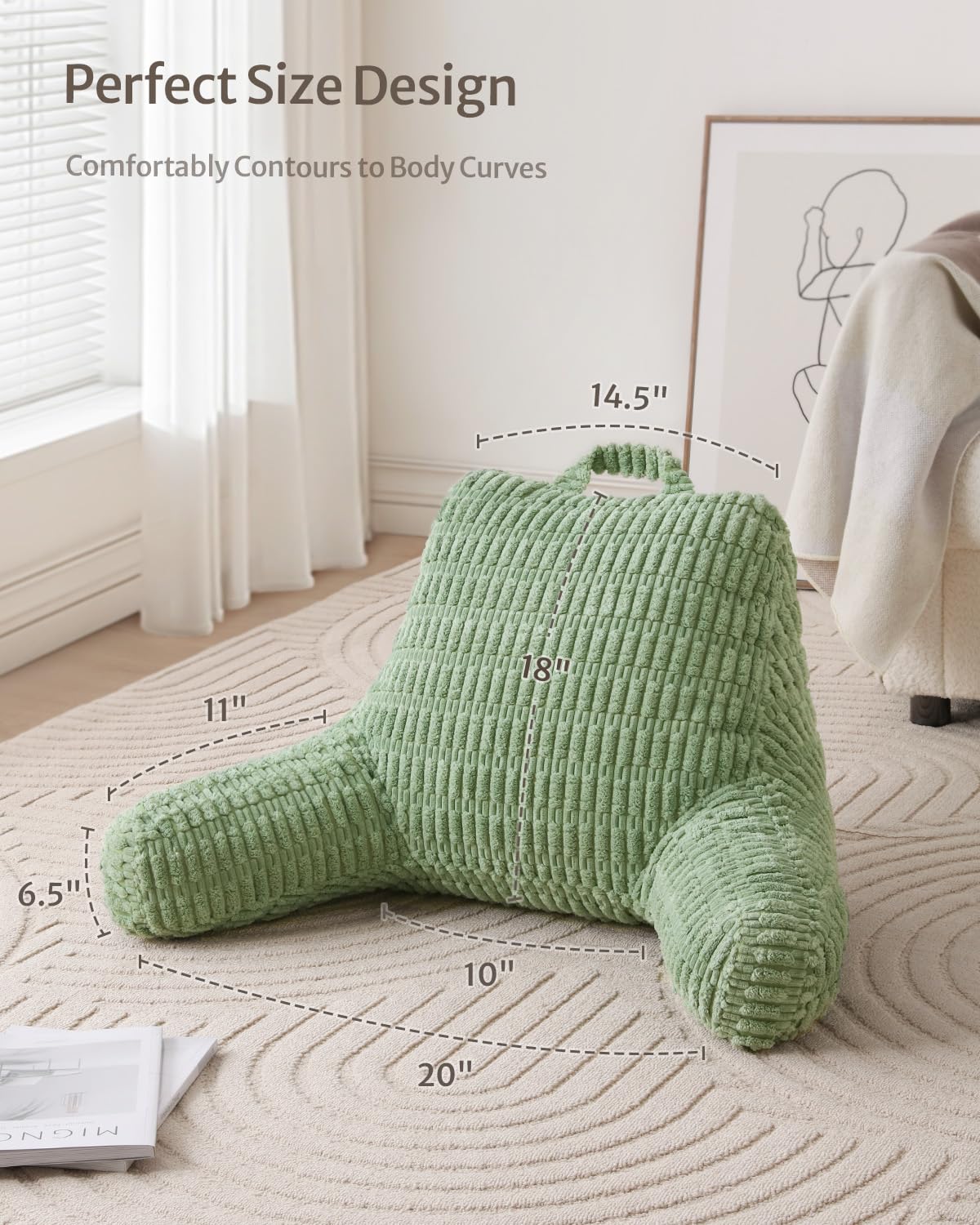 Blissful Diary Reading Pillow, Backrest Pillow with Shredded Memory Foam for Adult & Children, Designed for Bed and Couch Sitting Up, Includes Arms, Pockets and Washable Cover, Sage Green