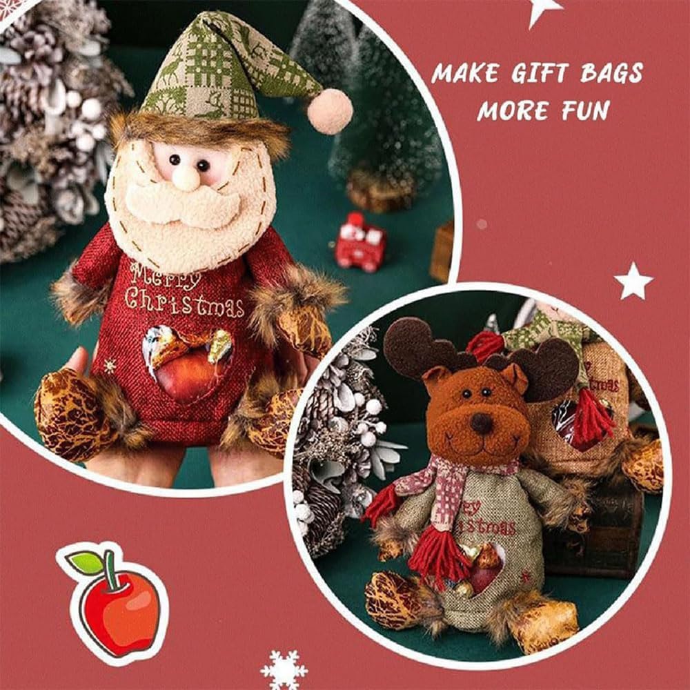 Yummst 2025 New Christmas Gift Bags Zipper Design, Christmas Doll Gift Bags, Can Hold 500g Apples, Large Fabric Gifts Bags, Reusable Christma Bag for Presents Candy Fruit and Festival (6PCS)