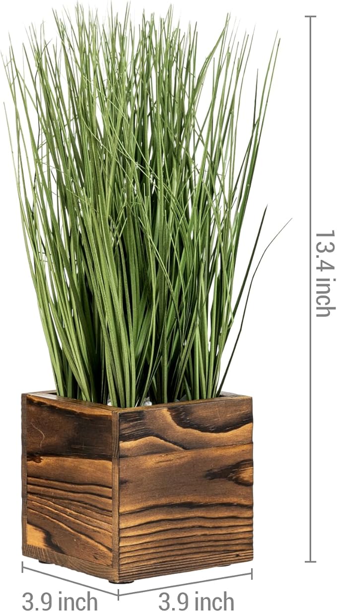 MyGift Artificial Green Grass Plants Trio in Rustic Burnt Solid Wood Planter Boxes, Faux Greenery in Decorative 4 Inch Square Wooden Containers, Set of 3